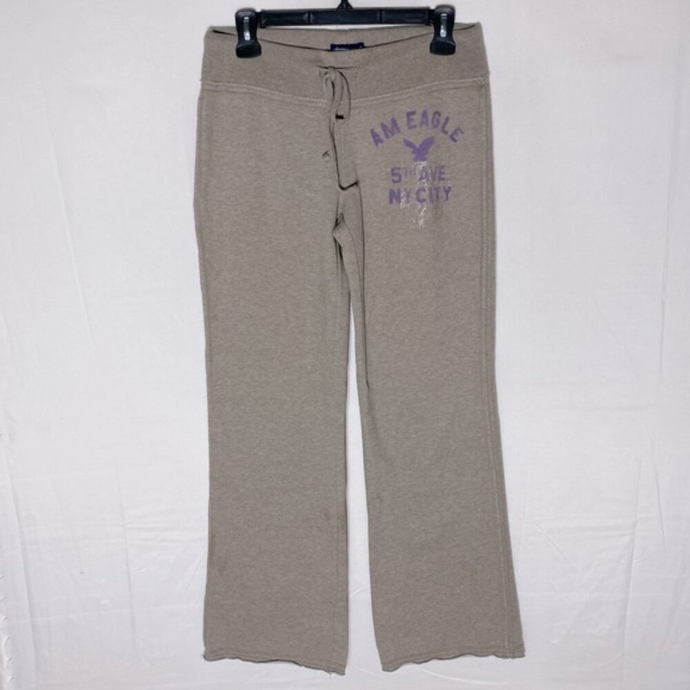 Vintage American Eagle Outfitters Wide Leg Tan Sweatpants W Purple Logo S